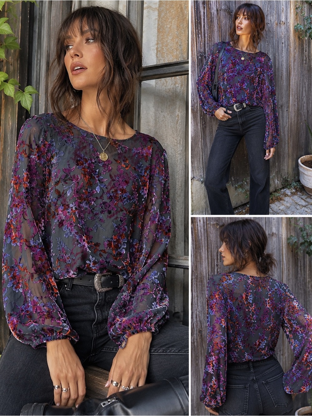 LOFT XL Velvet Burnout Floral Blouse Sheer Romantic Whimsigoth Boho